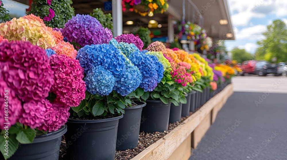Fototapeta premium Vibrant Hydrangea Display at Outdoor Garden Center.