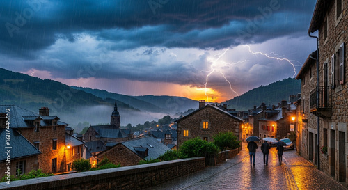 Atmospheric village thunderstorm with vivid lightning, glowing windows, wet cobblestone streets, pedestrians with umbrellas, and misty hills at sunset