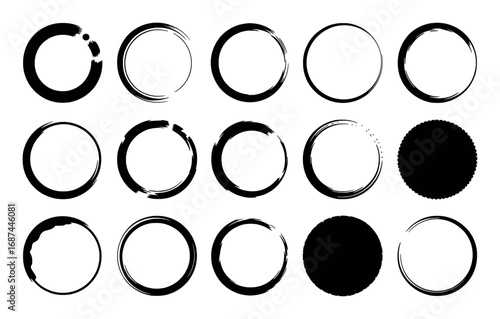 Collection of Black Brush Stroke Circles and Solid Circles on White Background