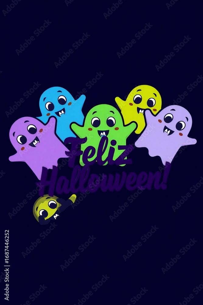Fototapeta premium Cute cartoon ghosts celebrating with feliz cumpleanos text