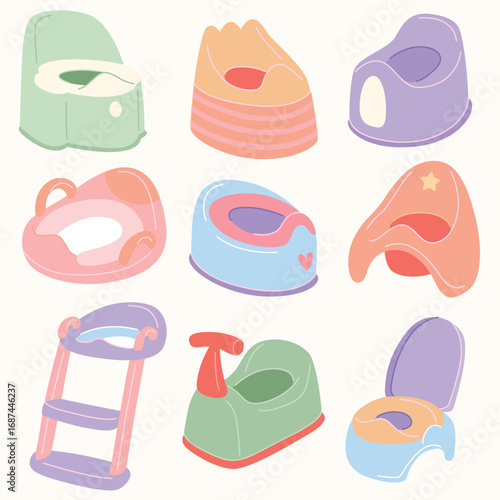 Set of colorful baby potty chairs, toilet training seats for toddlers, flat design.