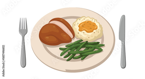 A plated meal of roasted chicken, mashed potatoes, and green beans.