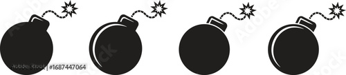 Classic round black bomb with burning fuse icon set, isolated on transparent background, representing danger and explosion. Perfect for danger and security-related designs. Vector illustration.