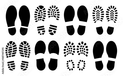 Collection of Black Footprint Silhouettes and Shoe Sole Imprints