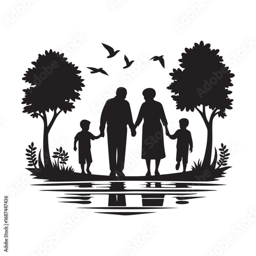 grandparents with kids vector silhouette clipart logo design illustration