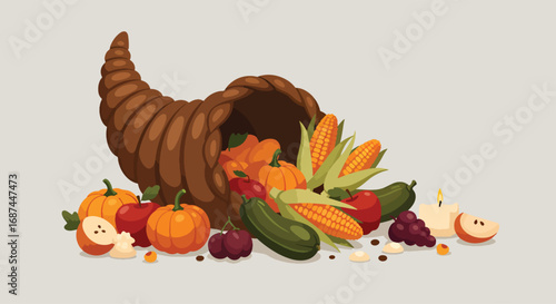A cornucopia, or horn of plenty, overflowing with a bountiful autumn harvest of fruits and vegetables like pumpkins, corn, and apples.