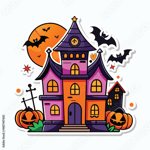 A cartoon haunted house with pumpkins, bats, and a full moon for Halloween.