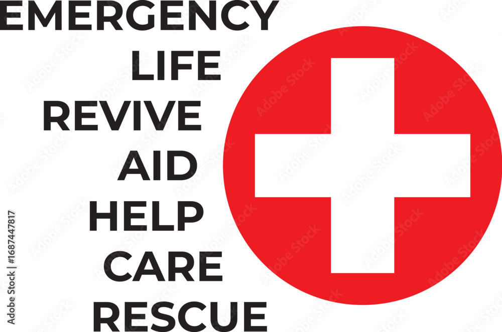 Obraz premium A bold, circular red and white medical cross logo with a list of healthcare-related words, symbolizing urgent medical care, first aid, and life-saving assistance