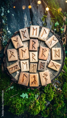 Wooden rune set on tree slice