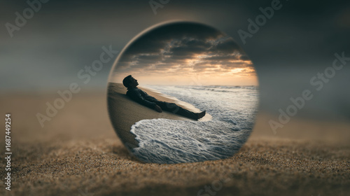 Man thinking deeply lies on beach sand near ocean waves captured inside glass sphere during moody sunset sky