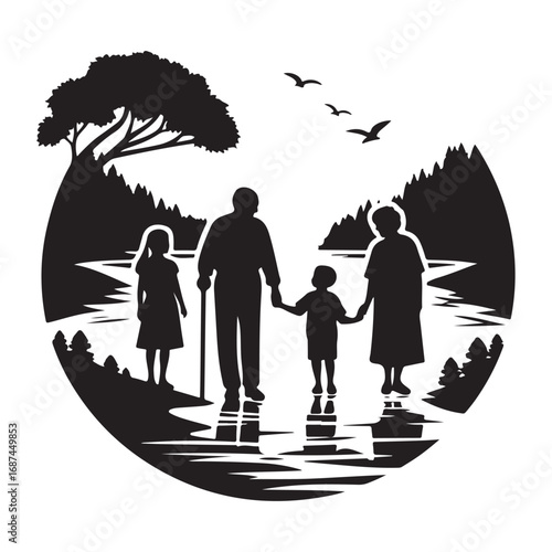 grandparents with kids vector silhouette clipart logo design illustration