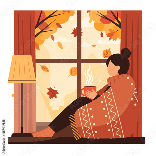 Woman cozily wrapped in a blanket, enjoys a warm drink while gazing at an autumnal scene outside a window.