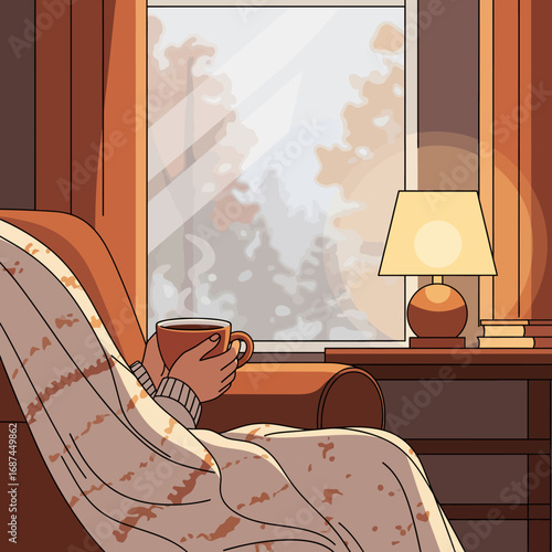 Cozy autumn scene: Person wrapped in a blanket, enjoying a warm drink by a window overlooking a snowy landscape.