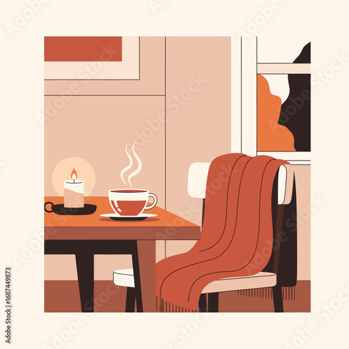 Cozy interior scene with a cup of tea, candlelight, and a warm blanket, evoking a sense of calm.