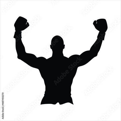 Silhouette of a victorious boxer raising gloved hands in celebration