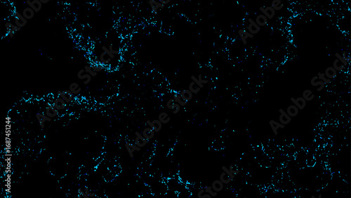 Abstract dark background with glowing neon blue fractal texture. Fine, scattered organic lines and subtle patterns. Bioluminescence, or microscopic structures, creating a futuristic, high-tech