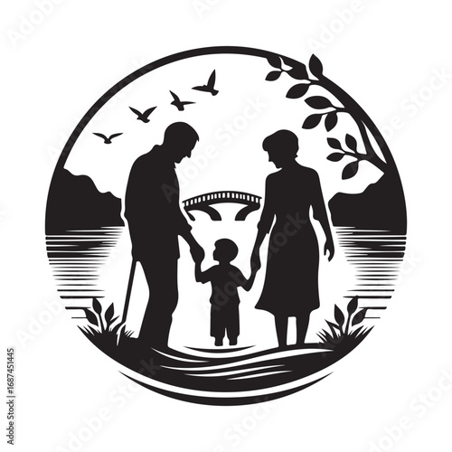 grandparents with kids vector silhouette clipart logo design illustration
