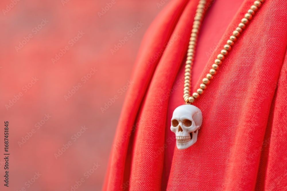 Fototapeta premium Intricate skull pendant hangs from chain, contrasting vibrant re