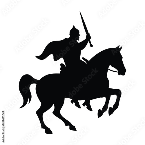 Silhouette of a medieval warrior on horseback with a sword raised