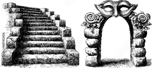 Detailed amphitheater stones and decorative archway engraved illustration set for design and decor projects