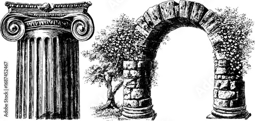 Ancient ruins engraved illustration set with broken architecture and classical designs for historical projects