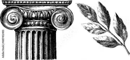 Corinthian column and laurel leaf engraved illustration set for historical design