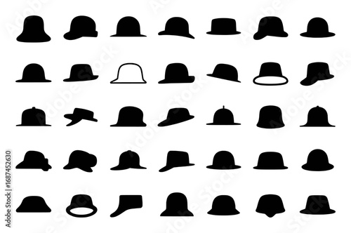 Collection of Black Silhouette Hats on White Background