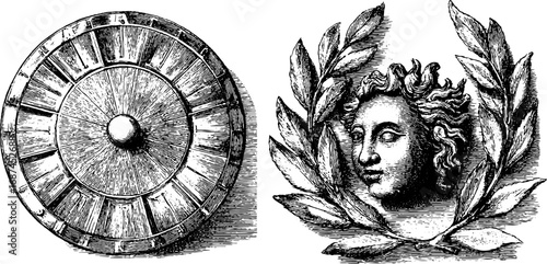 Astrology renaissance engraved illustrations set featuring celestial wheel and mythical figure