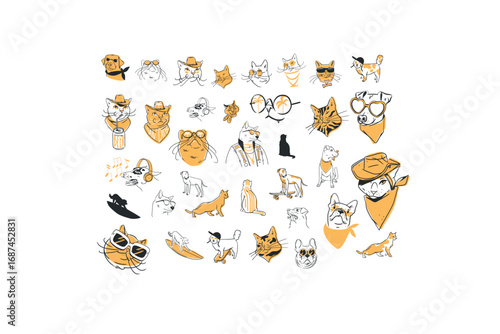 Hand drawn vector abstract graphic line collection set with diverse cute funny cartoon dogs and cats characters.Vector illustration of funny cartoon different breeds pets in trendy style. Line icon.