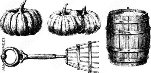 Autumn harvest collection: engraved pumpkins, barrel, and tools for seasonal design