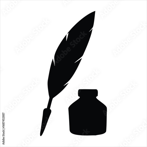 Black silhouette of a quill pen and inkwell on a white background