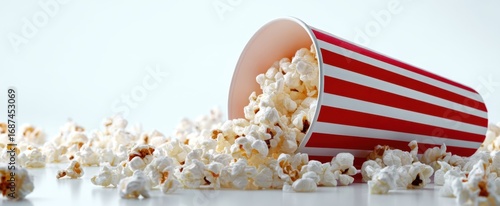 The spilled popcorn cup with scattered kernels on a white surface.