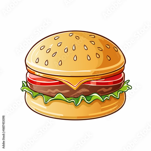 Appetizing illustration of a classic cheeseburger with a sesame seed bun, crisp lettuce, ripe tomato, and melted cheese, representing a popular and delicious fast food meal