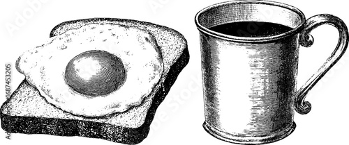 Breakfast engraved illustration set featuring fried egg and coffee for vintage design