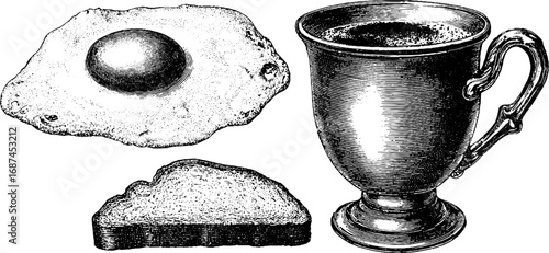 Vintage breakfast engraving set featuring fried egg, toast, and coffee cup for retro design projects