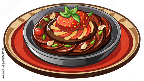 Top view of a delicious looking Sanguinaccio presented elegantly on a dark stylish dessert dish. Isolated on a white background, the composition highlights rich textures and culinary sophistication.