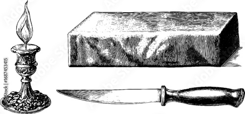 Intricate candle carving tools and wax engraved sketch for creative art projects