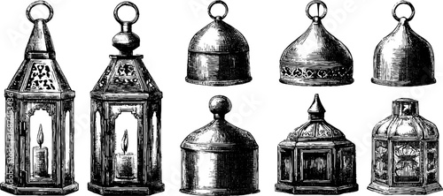 Candle lantern festival vintage engraved illustration set for holiday decor and design