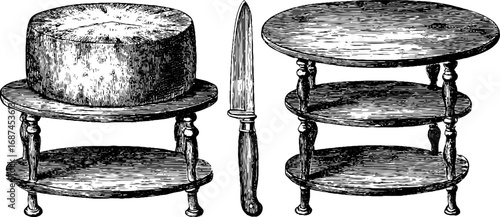 Vintage cheese cellar set with round tables and knife – hand drawn engraved illustration for culinary design