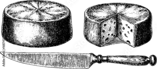 Vintage cheese wheel and knife engraving set for culinary design and print