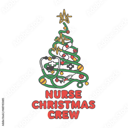 Whimsical nurse christmas tree decorated with medical icons and festive ornaments isolated on transparent background