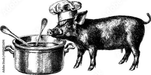 Culinary animal art: chef pig with cookware - vintage engraved illustration for design