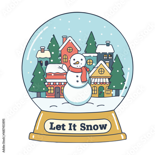 Charming snow globe scene with a friendly snowman and cozy village isolated on transparent background