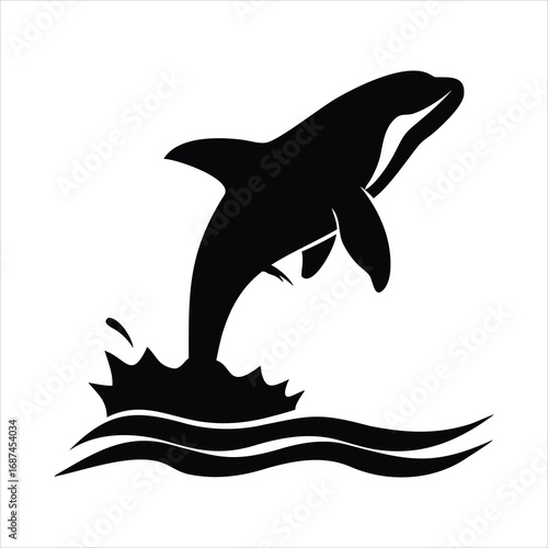 Black silhouette of an orca whale leaping from stylized ocean waves