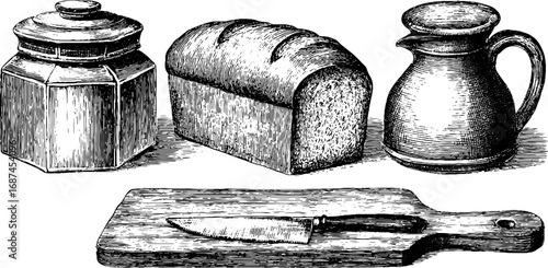 Vintage countryside kitchen utensils and food collection - hand drawn engraved set for retro design