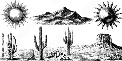 Desert landscape engravings set featuring sand dunes, cacti, and sun motifs