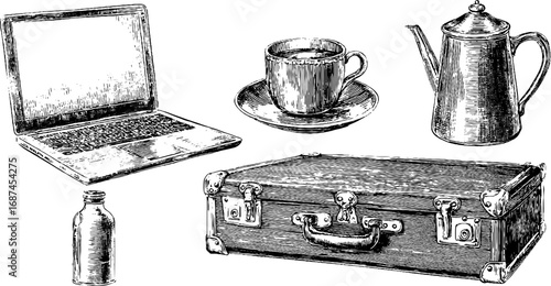 Digital nomad lifestyle engraved illustration set featuring laptop and travel essentials