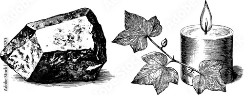 Engraved illustration set of amethyst point and candle with ivy for retro design