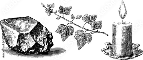 Hand drawn engraving set of amethyst, ivy, and candle - vintage elements for design