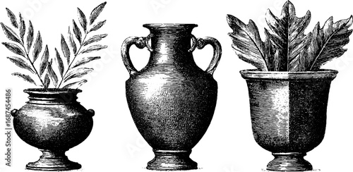 Vintage amphora silhouette set: engraved classical vases with leaf motifs for decorative design